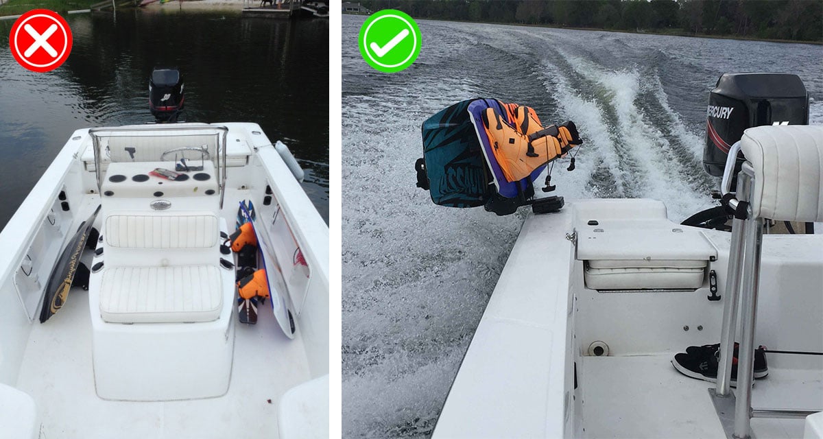 Two images of wakeboard and waterski storage: the left side is without racks provided in the boat, while the right side is with B2 racks provided in the boat.