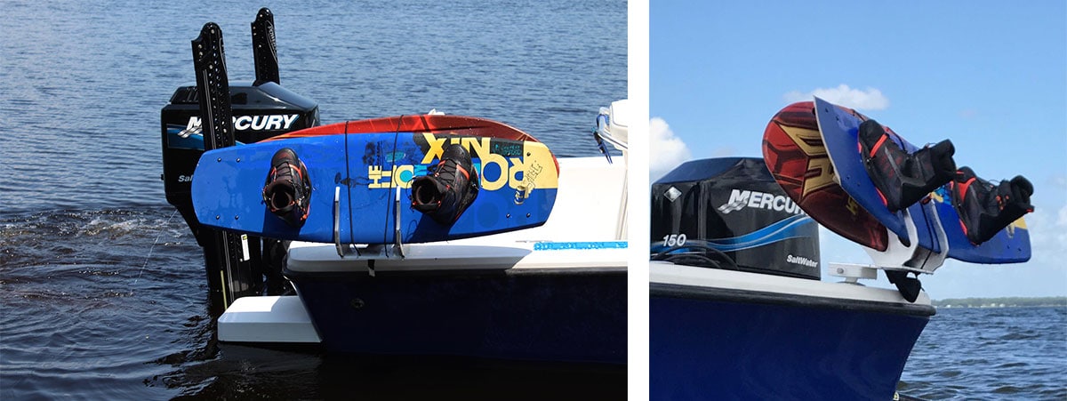 Two images of wakeboard and waterski storage with Manta Racks’ B2 racks in the boat.