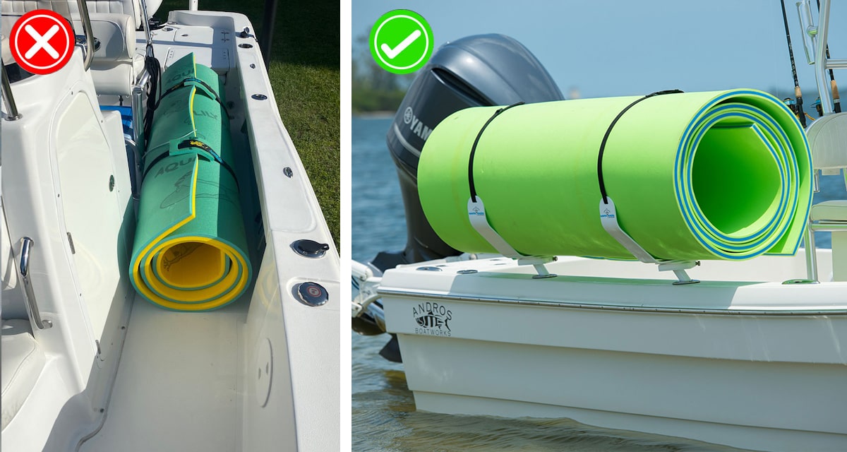 Two images of floating mat storage racks: the left side is without racks placed only in the corner of the boat, while the right side is the proper way with floating mat racks in the boat.