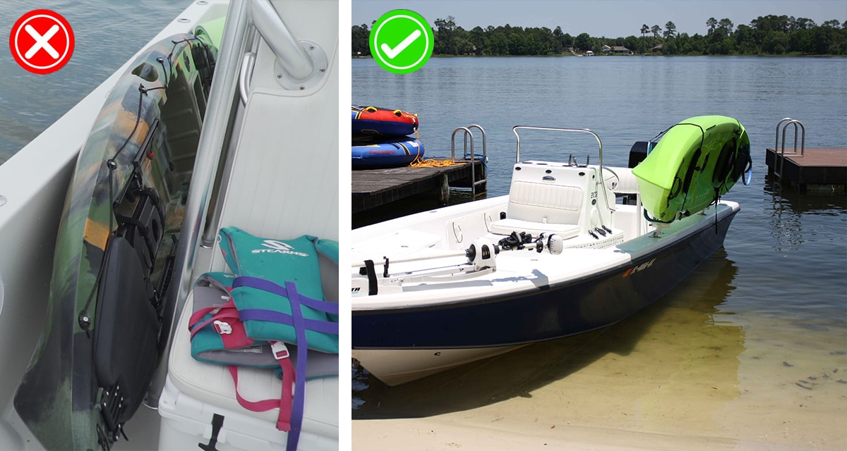 Two images of kayak storage: the left side is the wrong way without supporting racks for kayak, while the right side is the proper way with L2K Kayak racks on the boat.