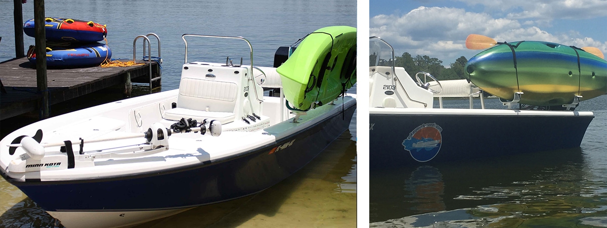 Two images of kayak storage with supporting L2K boat racks.