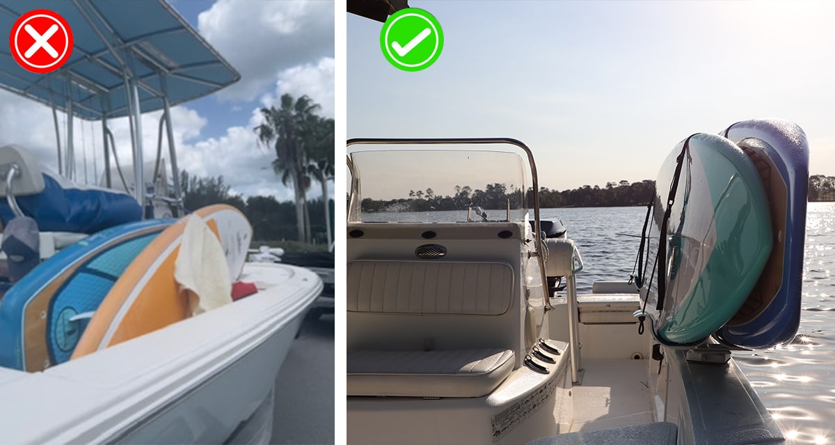 Two images of paddleboard storage: the left side is the wrong way without supporting racks beside the boat, while the right side with supporting S2 racks on the boat.