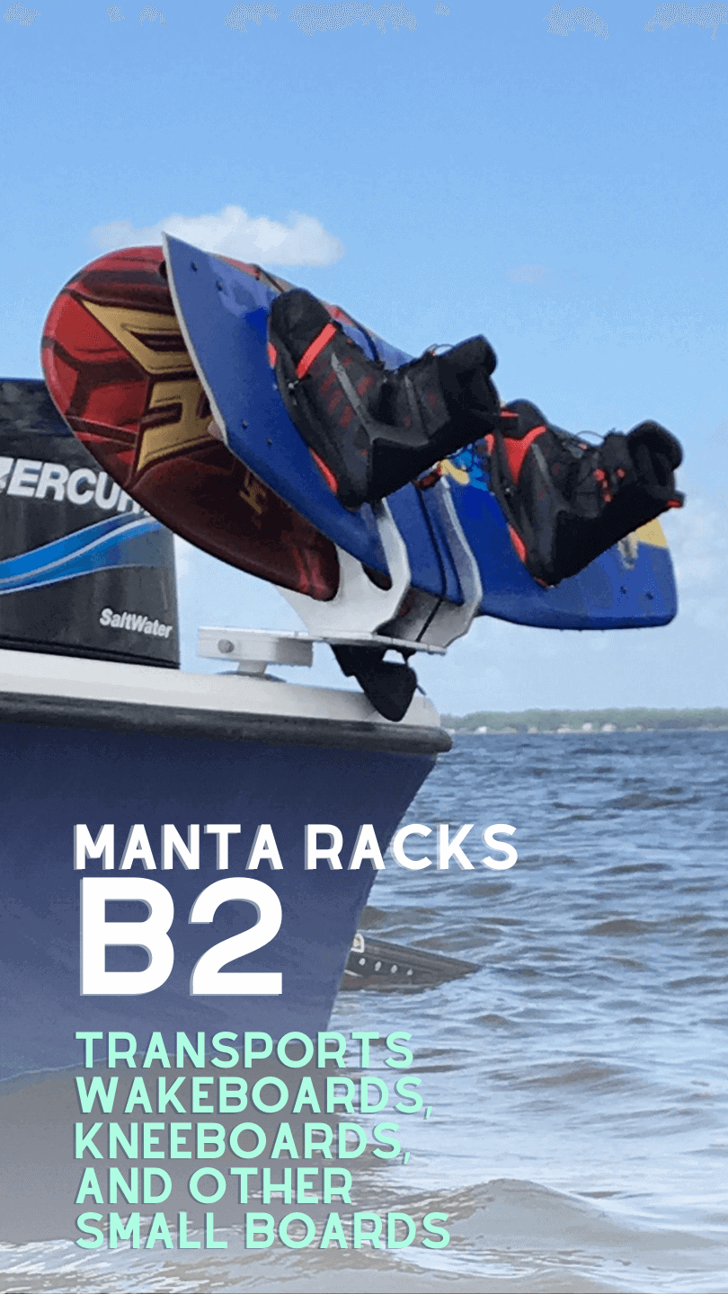 Image of boat with storage rack for wakeboards.