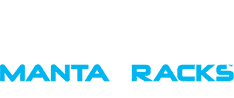 Manta Racks white and blue logo.