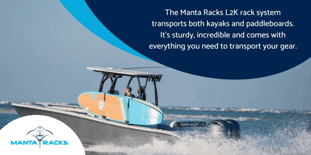 A moving motorboat, and a quote about how Manta Racks' L2K rack system transports kayaks and paddleboards.