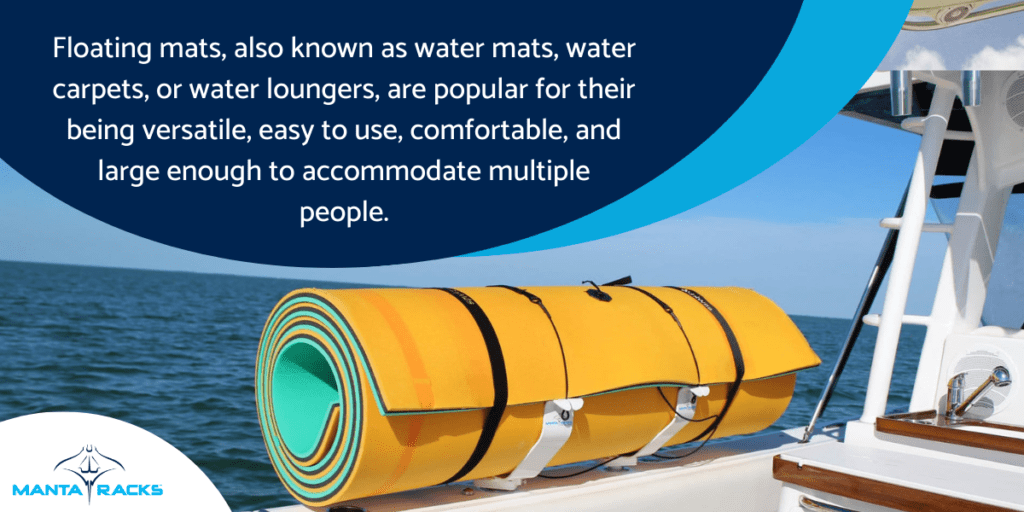 A securely positioned floating mat on the boat, and a quote about floating mat's terms and features. 