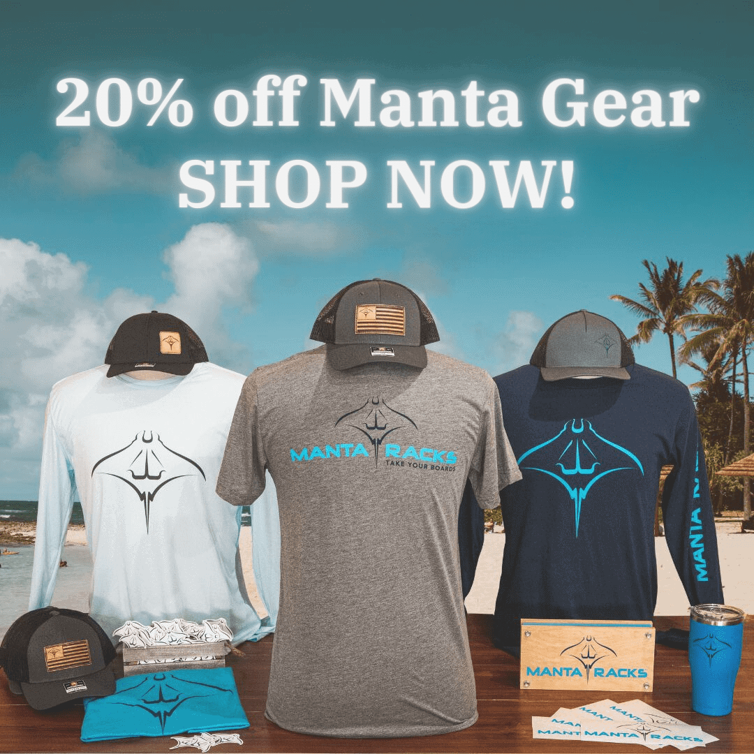 Image promoting Manta Racks 20% off Sale showing attire, accessories and other products on a table.